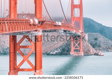 Beautiful view of the Golden Gate Bridge in the city of San Francisco, California, USA, close-up, pastel colors. Concept, travel world attractions