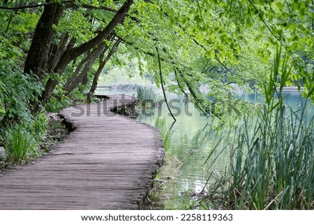 Narrow wooden footbridge in the green park. Beautiful scenery with mountain river in the Croatia, Europe. Royalty-Free Stock Photo #2258119363