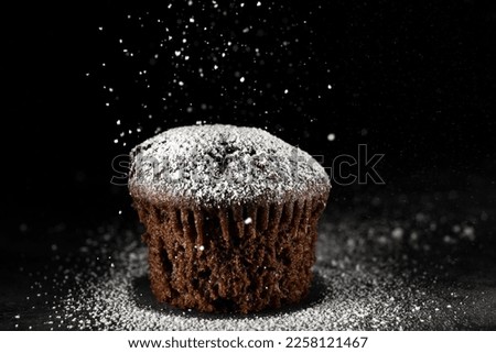 Low key shot of a chocolate muffin sprinkled with powdered sugar. Macro side shot