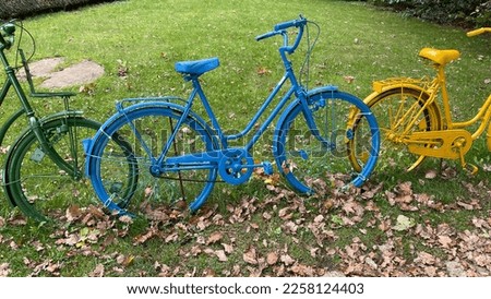 Colorful bicycles, also known as ghost bikes, are often found on the side of the road as a reminder wheel or as a work of art somewhere in nature.