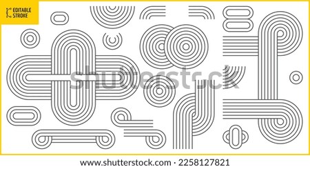 Editable stroke geometric vector lines. Outline circle collection. Retro, vintage, banner, advertisement, poster, billboard and web design elements. Line thickness can be changed.