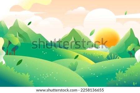 People travel and travel in spring with mountains and forest in the background, vector illustration