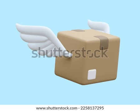 3d realistic parcel with wings isolated on blue background. Cardboard boxes for delivery service concept in cartoon style. Vector illustration