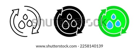 Water balance icons set. Water, arrows, source, energy, renewable, hydropower, health, art, technology, eco. Nature concept. Vector line icon in different styles