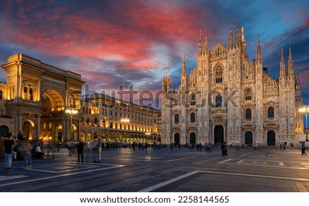 Milan Cathedral (Duomo di Milano), piazza del Duomo and Vittorio Emanuele II Gallery in Milan, Italy. Sunset cityscape of Milan. Architecture and landmarks of Milan. Royalty-Free Stock Photo #2258144565