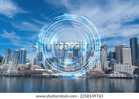 Seattle skyline with waterfront view. Skyscrapers of financial downtown at day time, Washington, USA. GDPR hologram, concept of data protection regulation and privacy for all individuals