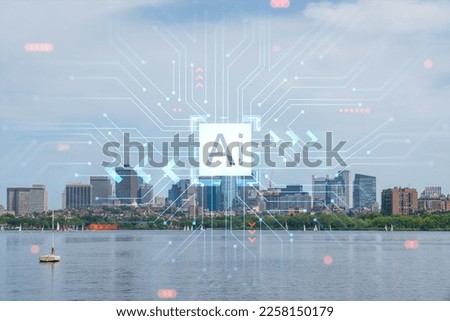 Panorama skyline, city view of Boston at day time, Massachusetts. Financial downtown. Hologram of Artificial Intelligence concept. AI and business, machine learning, neural network, robotics