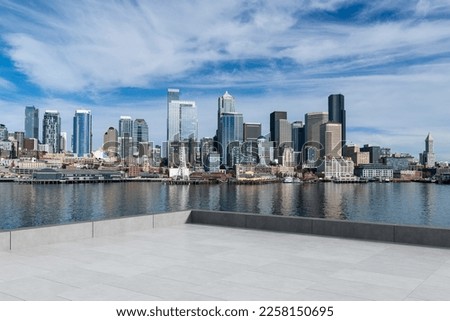 Skyscrapers Cityscape Downtown, Seattle Skyline Buildings. Beautiful Real Estate. Day time. Empty rooftop View. Success concept.