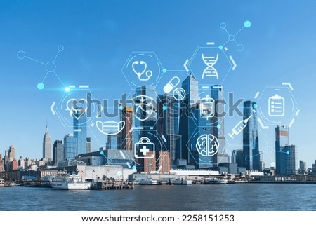 New York City skyline from New Jersey over the Hudson River towards the Hudson Yards at day. Manhattan, Midtown. Health care digital medicine hologram. The concept of treatment and disease prevention