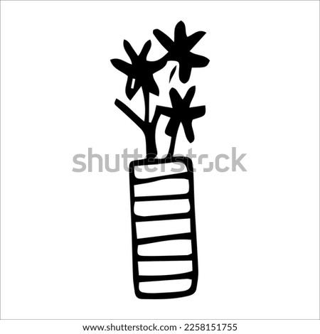 Vector illustration of a black and white flower in a vase. Interior furniture in cartoon style.
