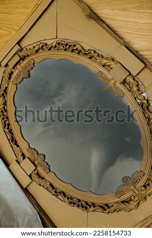 Hurricane Swirl seen in new wooden vintage beautiful mirror with broken glass - new internet order damaged during transportation