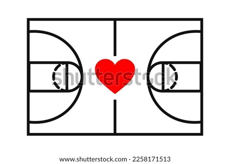 Top view silhouette basketball field with heart, exact proportions. Isolated vector illustration.