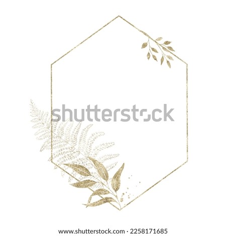 Gold frame with golden decorative leaves. Polygonal composition for stationery,greeting cards,wedding invitations.