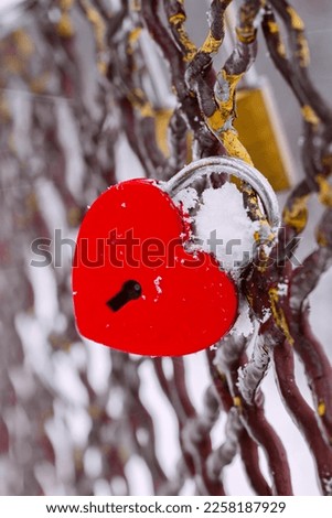 In a vertically oriented color image, a heart-shaped red lock on a brown grid can be seen on Valentine's Day during snowfall in a winter landscape.