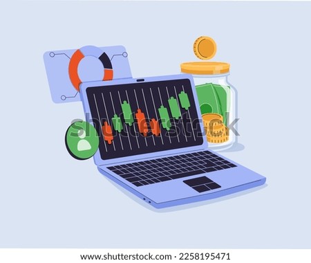 Online trading with laptop on blue sky cloud background. Cartoon notebook using funding business graph on computer with money coin concept trading for business investment render illustration