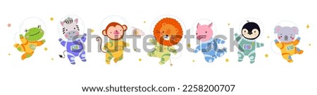 Isolated cartoon space animals. Cute leo, koala, penguin and zebra astronauts. Monkey and frog wear cosmonaut suit and spacesuit, vector characters Royalty-Free Stock Photo #2258200707