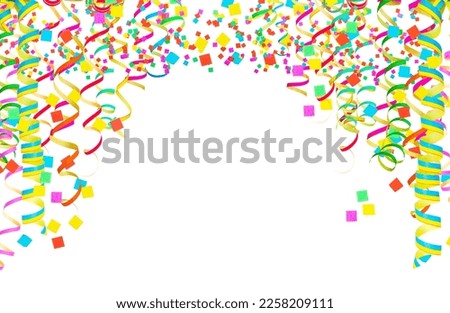 Festive overlay, Party streamers, serpentine, curly paper ribbons. Colorful explosion confetti. Multicolored party decorations. Concept for Carnival, Christmas, New year, Valentines day or birthdays.