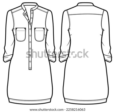 Women shirt dress design with band collar flat sketch fashion illustration with front and back view, Long Sleeve Kurtha shirt dress cad technical drawing vector template Royalty-Free Stock Photo #2258216063