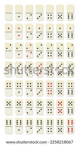 Domino. set of 49 tiles. yellow pieces with black dots. Simple flat vector illustration. Rare dominos highlighted with red dots 