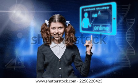 Preteen schoolgirl showing hand glowing education sign icon