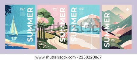 Summer nature landscape poster, cover, card set with sea view, sunny beach, mountains, fields and typography design. Summer holidays, vacation travel in Europe illustrations. Royalty-Free Stock Photo #2258220867