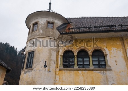 The historic Pustal Castle in Skofja Loka in Gorenjska, Slovenia. Called Pustalski Grad in Slovenian, it is a renaissance mansion from around 1220 with a round corner tower