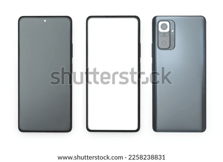 Mobile phone, smartphone with round edges front and back view isolated on a white background. White screen for your design. Template, mockup for app and presentation.