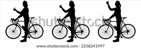 The girl stands near the bicycle, with her hand showing the gesture "like". A woman holds a bicycle with one hand, on the other hand, she raises her thumb up. Side view. Black silhouettes isolated