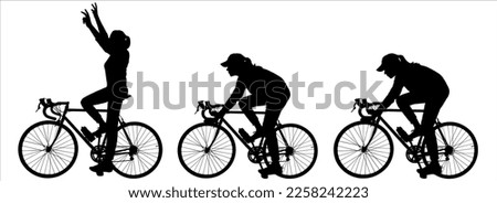 Cycling victory. First at the finish line. The girl raised her hands in joy. Success in sports. Side view, profile. Girls on bicycles. Women compete in cycling. Black silhouettes isolated on white