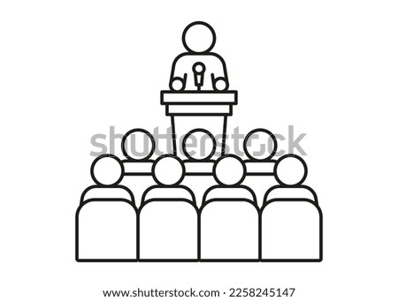 Lector man speech behind podium on conference with audience spectator, line icon. Speaker on tribune by leader, businessman, teacher talking before of people spectators back. Vector graphic Royalty-Free Stock Photo #2258245147