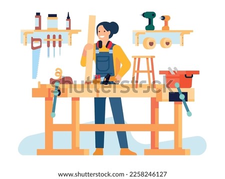 Woman carpenter works in workshop. Female making furniture. Joiner with construction equipment. Industrial instruments. Woodwork studio. Girl holding wood plank and Royalty-Free Stock Photo #2258246127