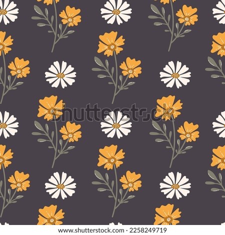 Floral seamless pattern. Blooming meadow background. Creative floral design. Flowers on a dark background. Vector pattern for various surface. Creative seamless print.