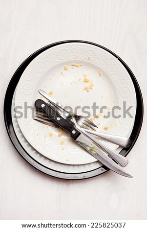 Dirty dishes on white table
