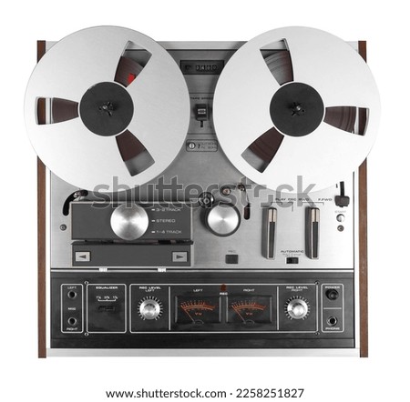 Vintage Music and sound - Retro reel to reel tapes recorder isolated white background. Royalty-Free Stock Photo #2258251827