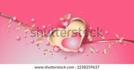 Template greeting card cover with gold heart, ribbon, wave, floral ornament and pink pearls on pink gradient background. Design for wallpaper, banner, flyer, post, postcard with space for text.  
