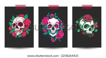 Skull and rose flower card poster set. Dead vector symbol, retro drawing, gothic style print collection