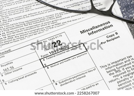 Lake Elsinore, CA, USA - January 5, 2023: Close up of upper right corner of Internal Revenue Service form 1099-MISC Royalty-Free Stock Photo #2258267007