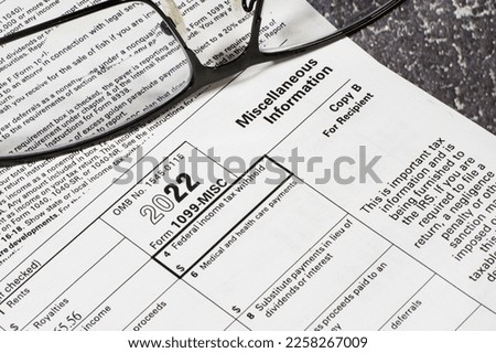 Lake Elsinore, CA, USA - January 5, 2023: Close up of upper right corner of Internal Revenue Service form 1099-MISC Royalty-Free Stock Photo #2258267009