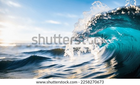 Wave in the ocean with bight sky.