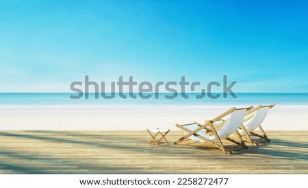 Beach lounge chair on white beach sunset sea view - 3D rendering  Royalty-Free Stock Photo #2258272477