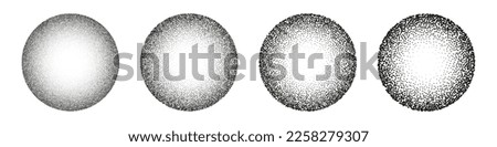 Round shaped dotted objects, stipple elements. Fading gradient. Stippling, dotwork drawing, shading using dots. Pixel disintegration, halftone effect. White noise grainy texture. Vector illustration Royalty-Free Stock Photo #2258279307