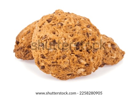 Oatmeal cookies isolated on white background. Detail for design. Design elements. Macro. Full focus. Background for business cards, postcards and posters. Food object design. 