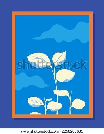 Abstract botanical wall art. Foliage and plant against blue sky with clouds. Minimalist trendy creativity and art. Decor element for apartment or house. Cartoon flat vector illustration