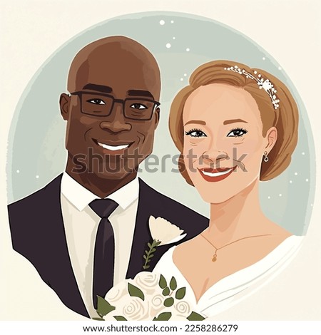 Black man and white woman getting married, mixed race wedding couple, wearing traditional wedding dress and tuxedo, bride and groom, Holiday, design for greeting and invitation card, couple in love. Royalty-Free Stock Photo #2258286279