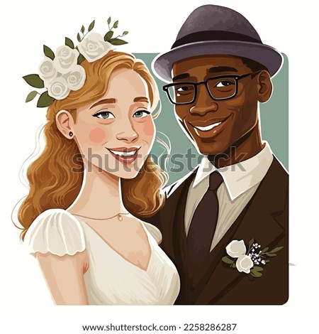 Black man and white woman getting married, mixed race wedding couple, wearing traditional wedding dress and tuxedo, bride and groom, Holiday, design for greeting and invitation card, couple in love. Royalty-Free Stock Photo #2258286287