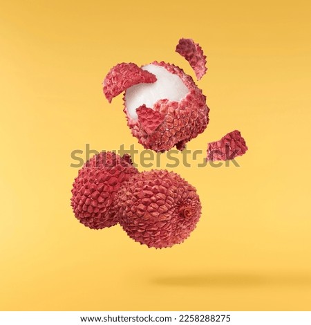 Fresh ripe red lychee falling in the air isolated on yellow background. Food levitation or zero gravity conception. High resolution image