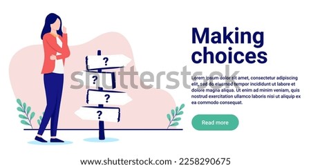 Making choices - Woman trying to make decision in front of crossroad sign. Uncertainty and doubt concept, in flat design vector illustration with copy space for text Royalty-Free Stock Photo #2258290675