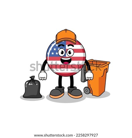 Illustration of united states flag cartoon as a garbage collector , character design