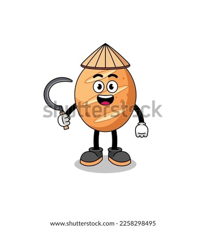Illustration of french bread as an asian farmer , character design