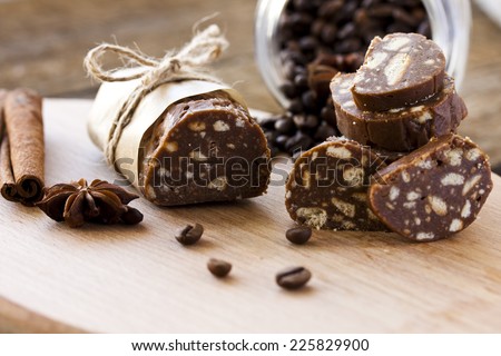 dessert of cookies, chocolate, coffee and condensed milk Royalty-Free Stock Photo #225829900